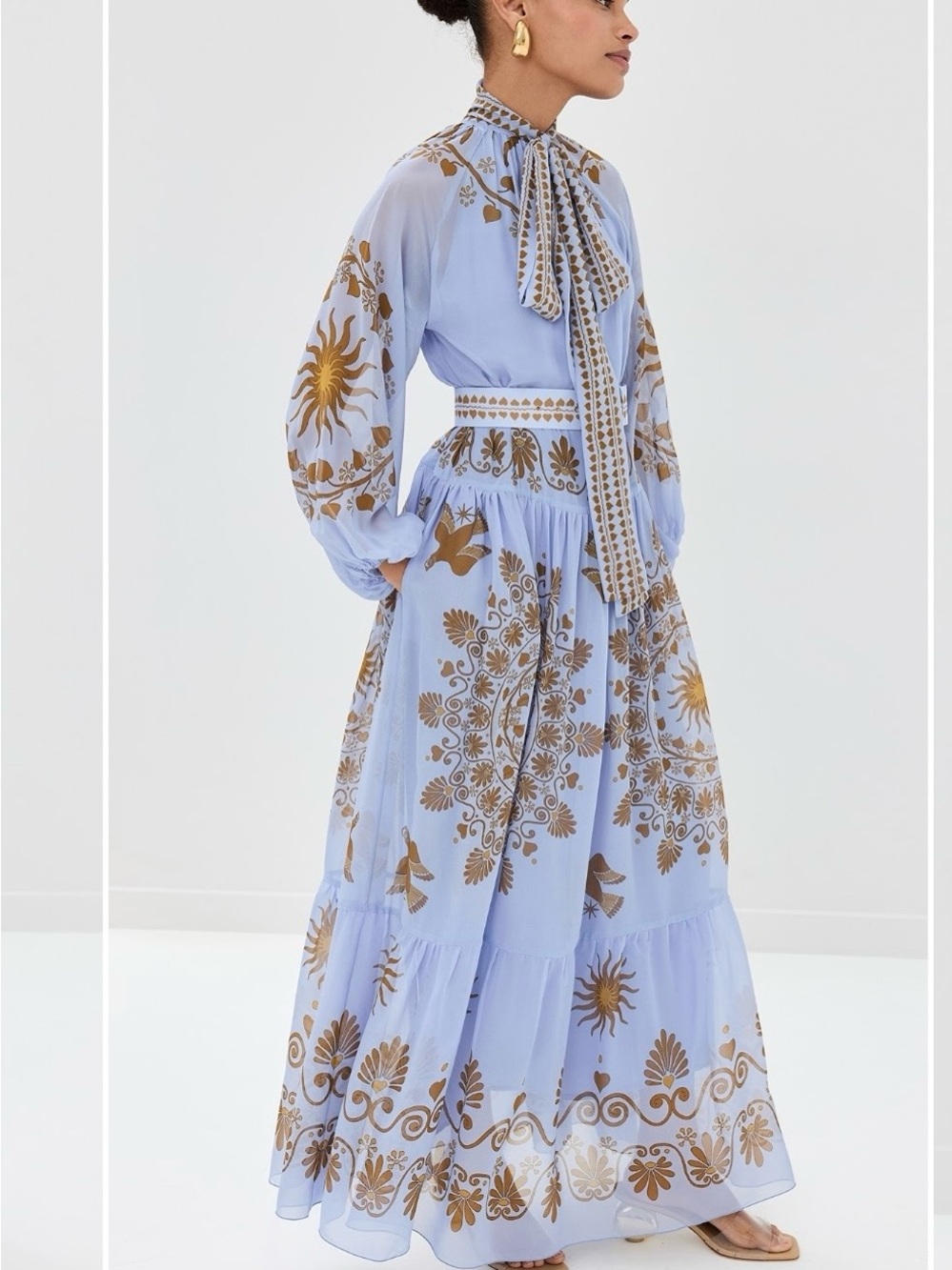 LA DoubleJ Pale Blue Maxi Dress with Gold Print and Neck Tie